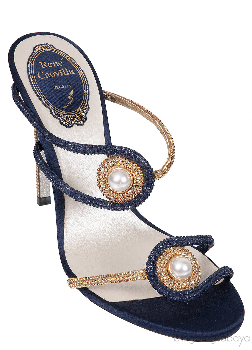 Pearl & Gold Crystal Blue Satin Sandals