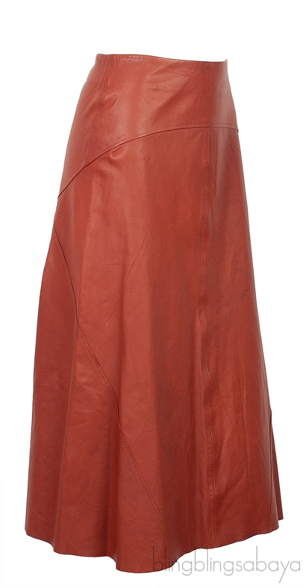 Brown Leather Midi Skirt