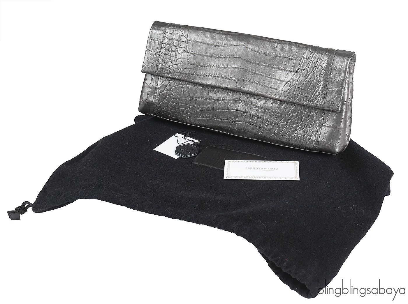 Nancy Gonzalez Grey Fold-Over Crocodile Clutch