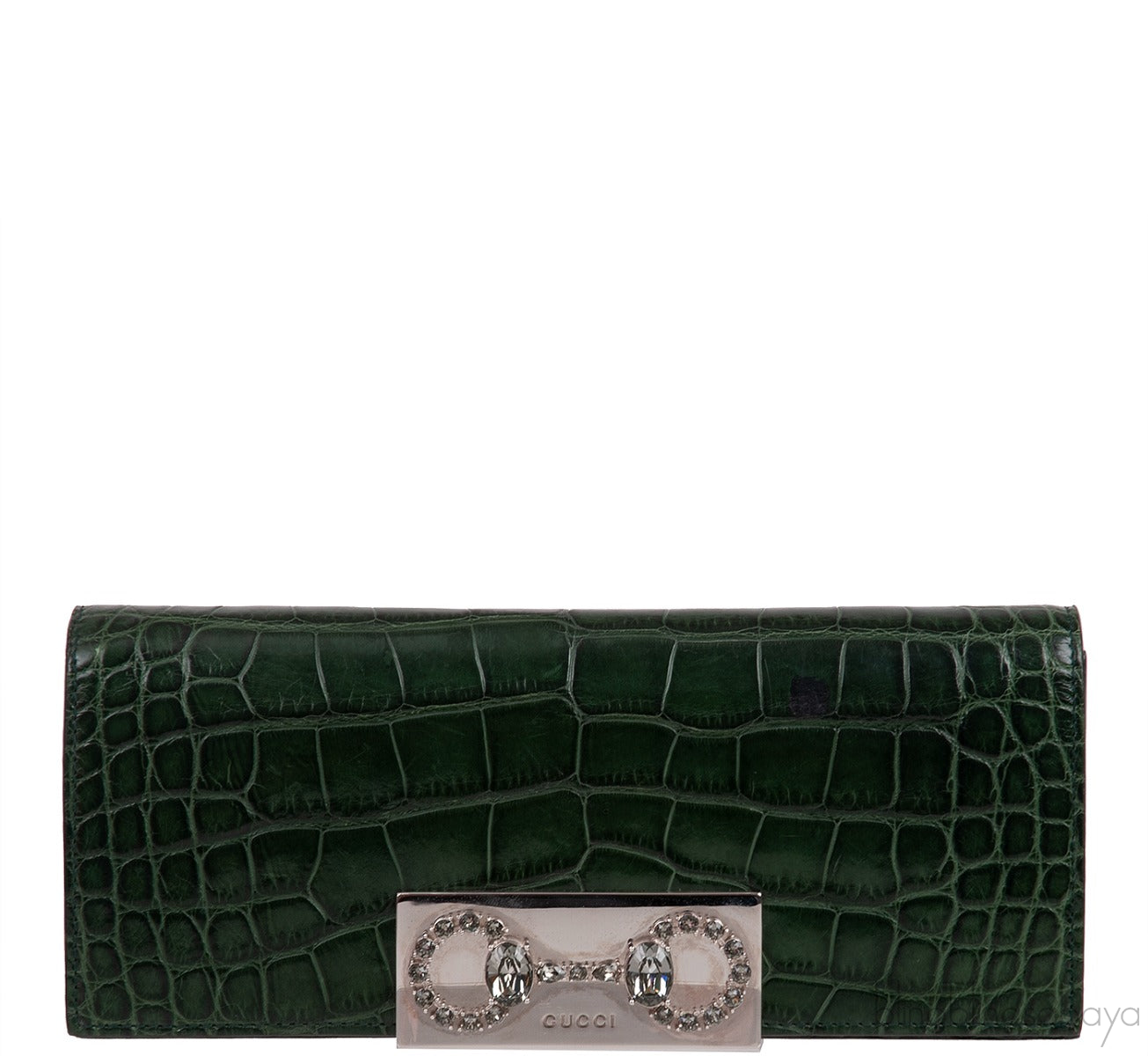 Crystal Embellished Horsebit Green Crocodile Mini Clutch