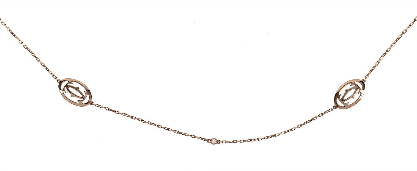Cartier Double C Logo Baignoire Diamond Pink Gold Long Necklace