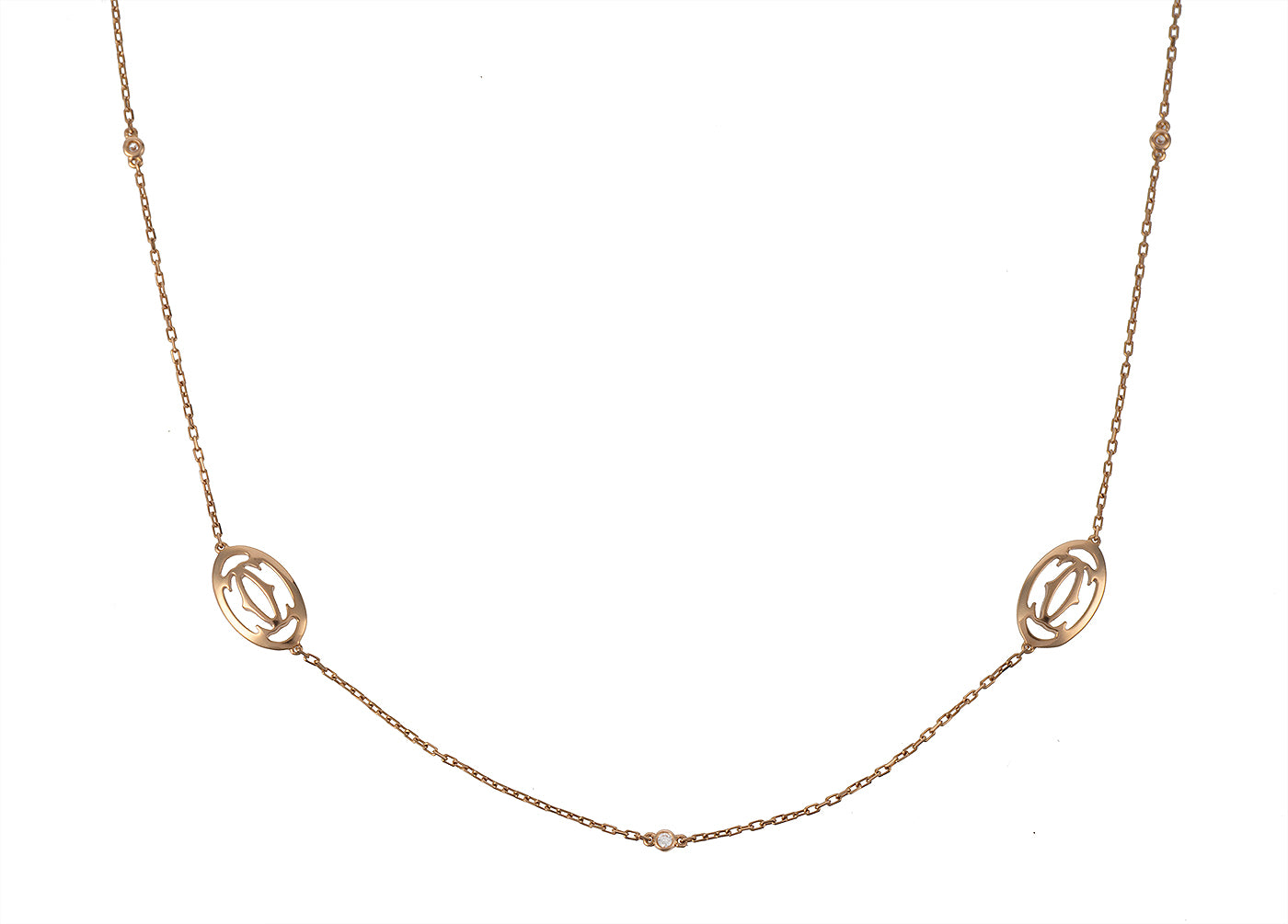 Cartier Double C Logo Baignoire Diamond Pink Gold Long Necklace