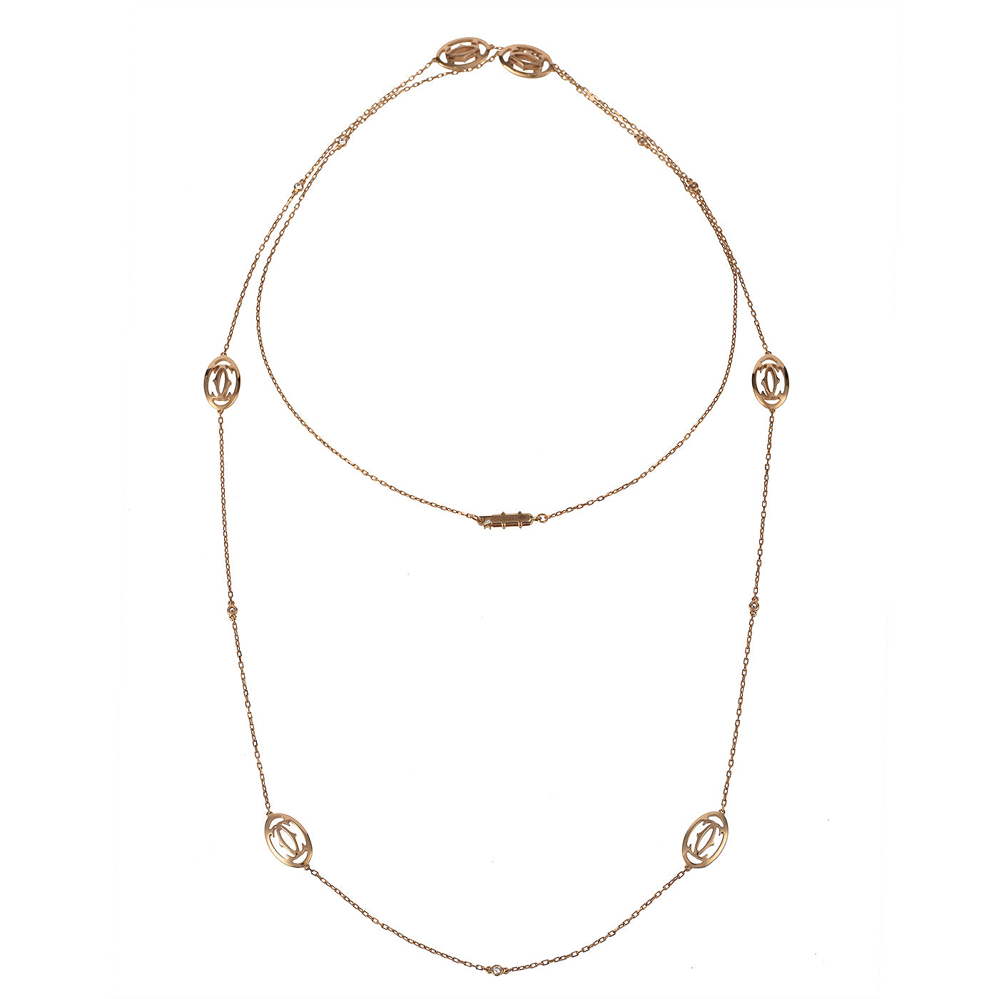 Cartier Double C Logo Baignoire Diamond Pink Gold Long Necklace