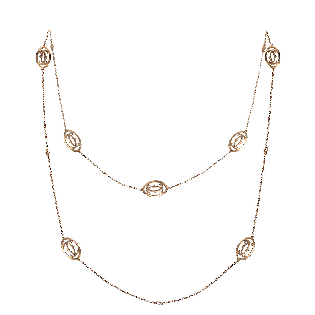 Cartier Double C Logo Baignoire Diamond Pink Gold Long Necklace