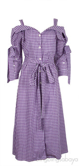 Purple Checkered Print Off-Shoulder Dress