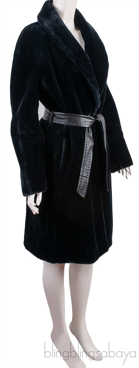 Black Acrylic Fux Fur Coat  w/ Belt