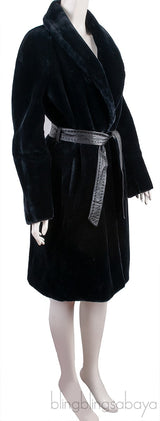 Black Acrylic Fux Fur Coat  w/ Belt