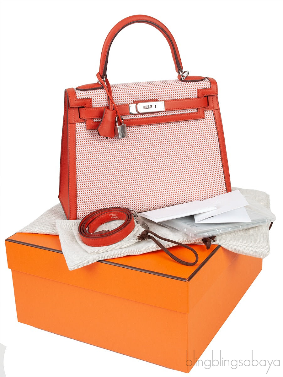 Kelly 28 Sellier Toile Quadrille Veau Swift Terre Battue-Mauve Sylvester-Blanc