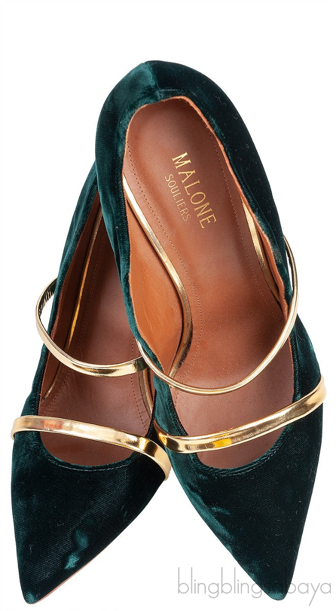 Maureen Emerald Velvet Gold Leather Trimmed Heels