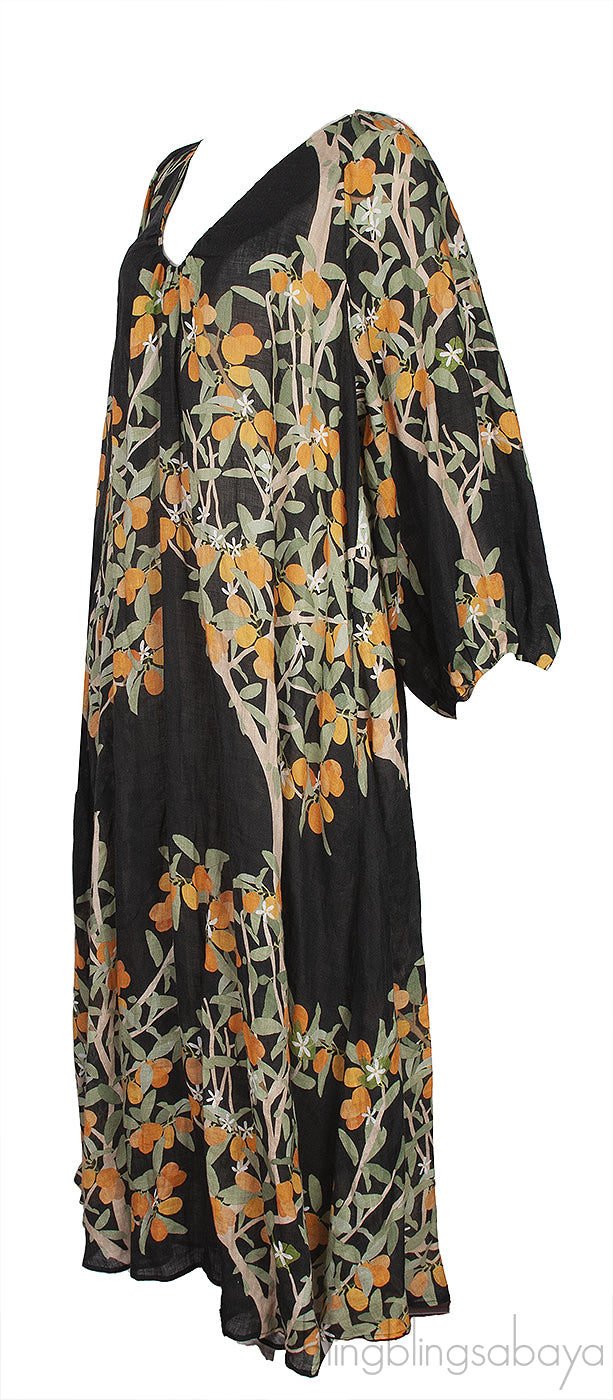 Black Georgette Floral Print Linen Dress