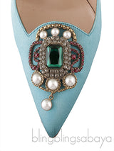 Eufrasia Teal Satin Crystal Heels