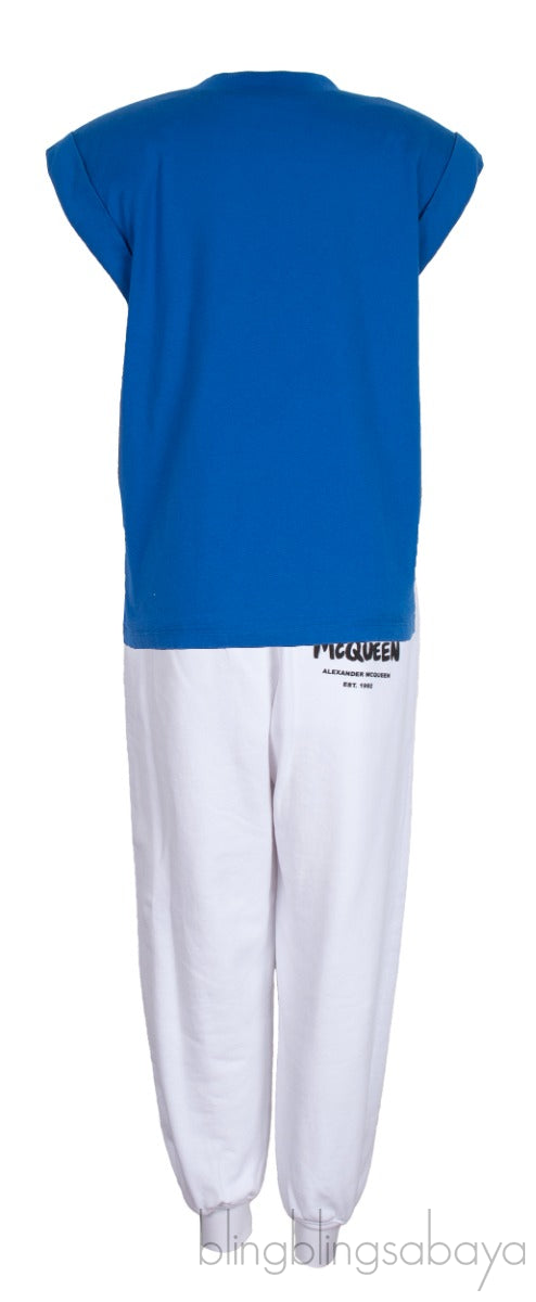 Blue Padded Shoulder Top & White Jogger