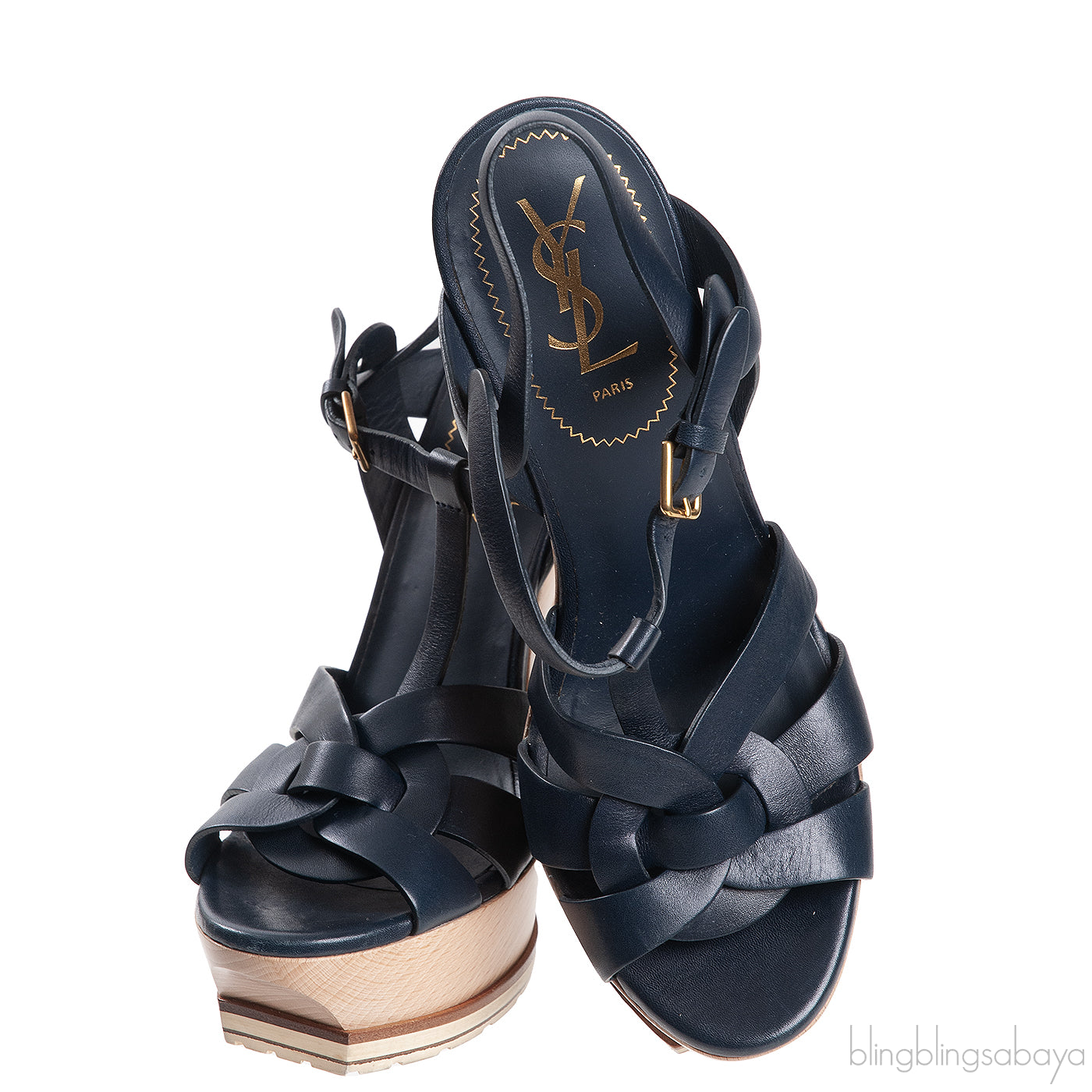 Yves Saint Laurent Blue Leather & Wood Heels Tribute