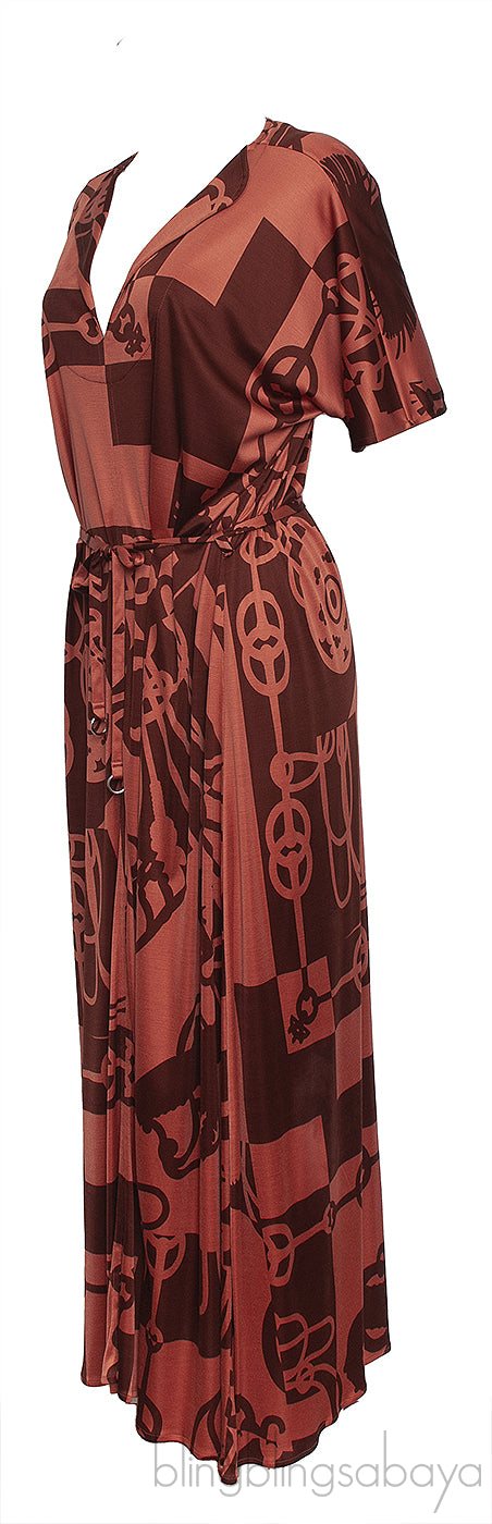 Rust Printed Belted Dress