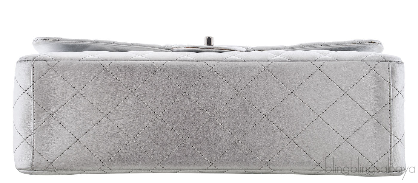 Metallic Silver Quilted Maxi Flap Bag