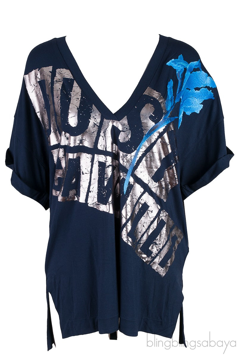Blue Oversized Logo Print T-shirt