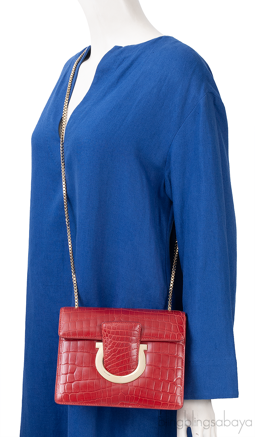 Salvatore Ferragamo Red Crocodile Gancio Shoulder Bag