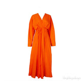 Mandarin Ruched Waist Long Sleeve Dress