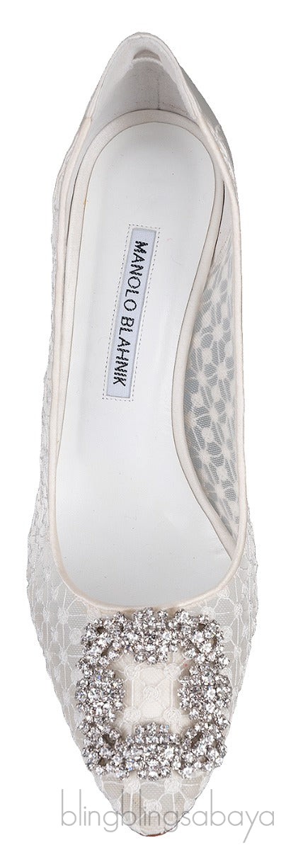 Hangisi White Embroidered Mesh Crystal Heels