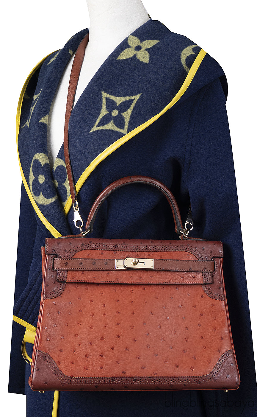 Hermes Kelly 32 Ghillies Rouge H Sunset and Brique Ostrich Bag