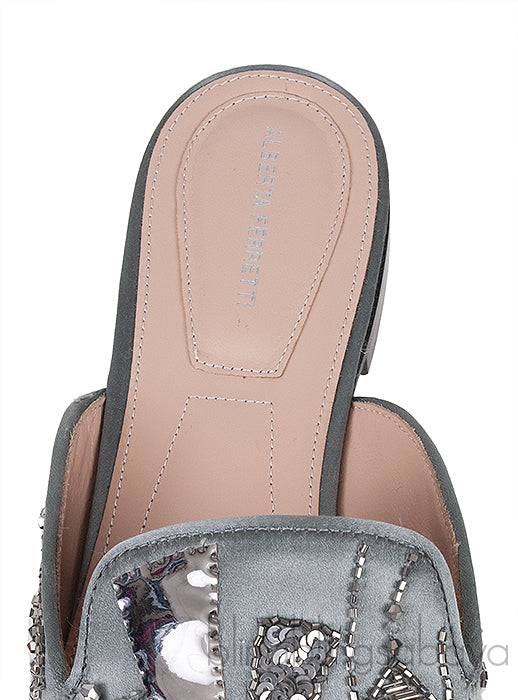 Grey Satin Sequin Embellished Pointed Toe Mule