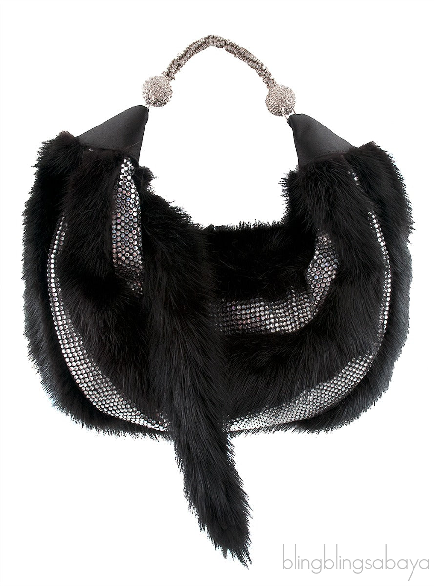 Fur Crystal Black Handbag