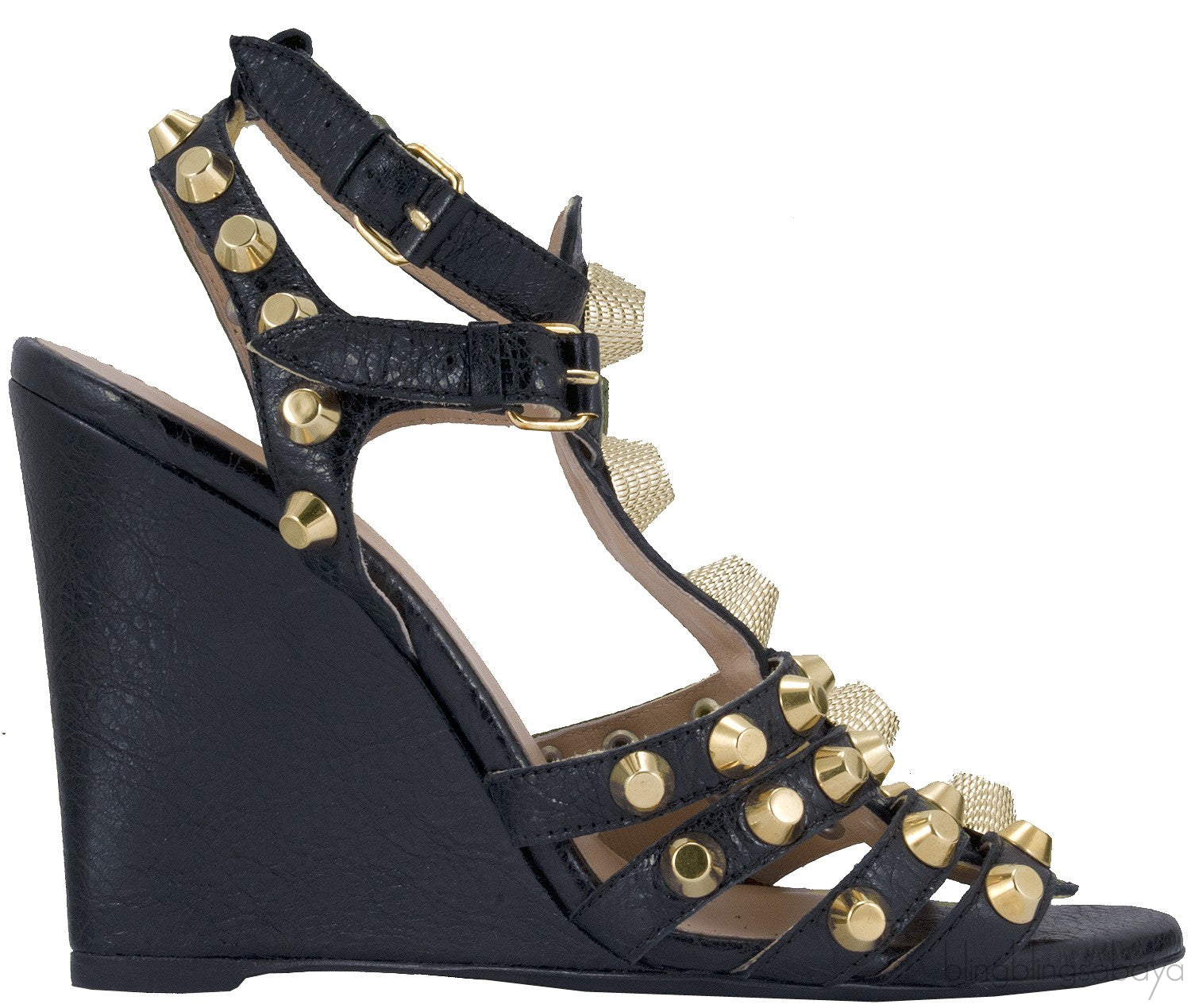 Black Leather Studded Wedge