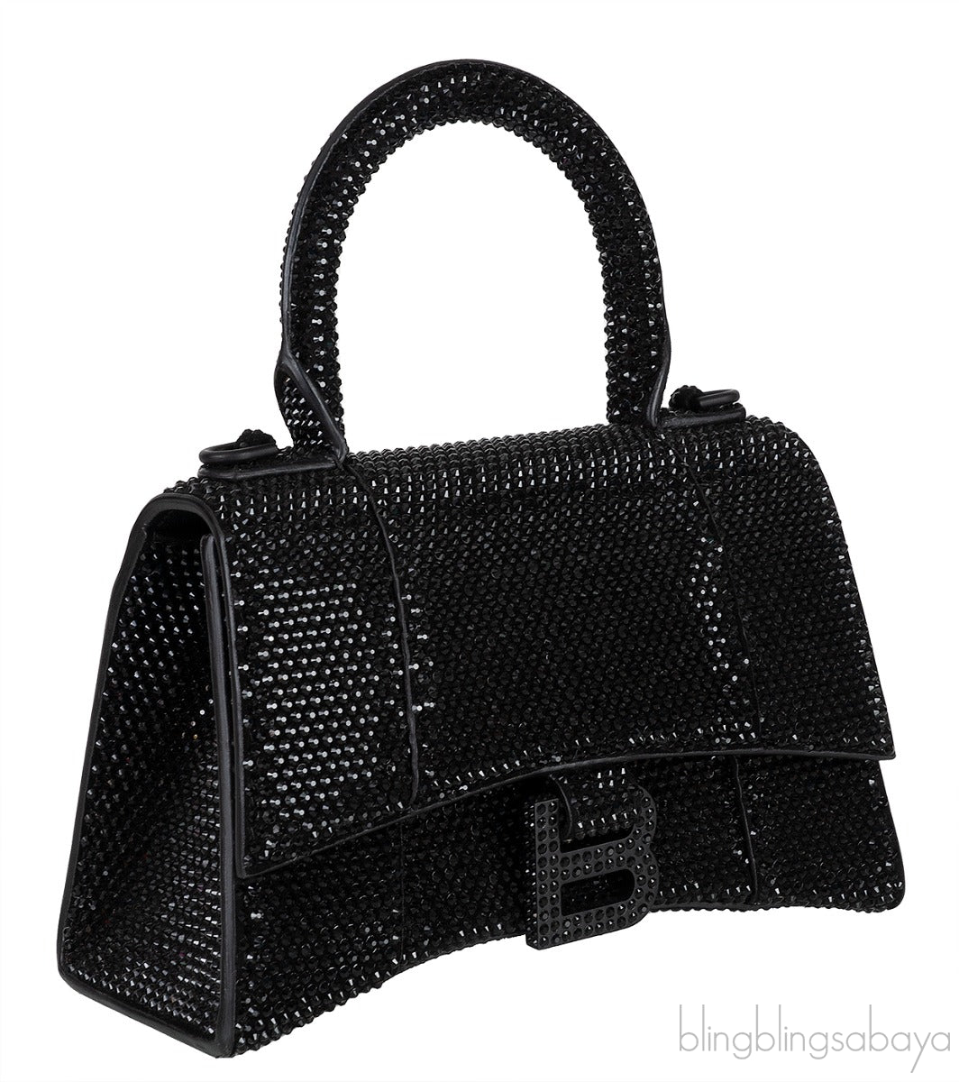 Hourglass XS Black Rhinestone Suede Calfskin