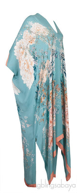 Blue Floral Print Silk Kaftan Dress