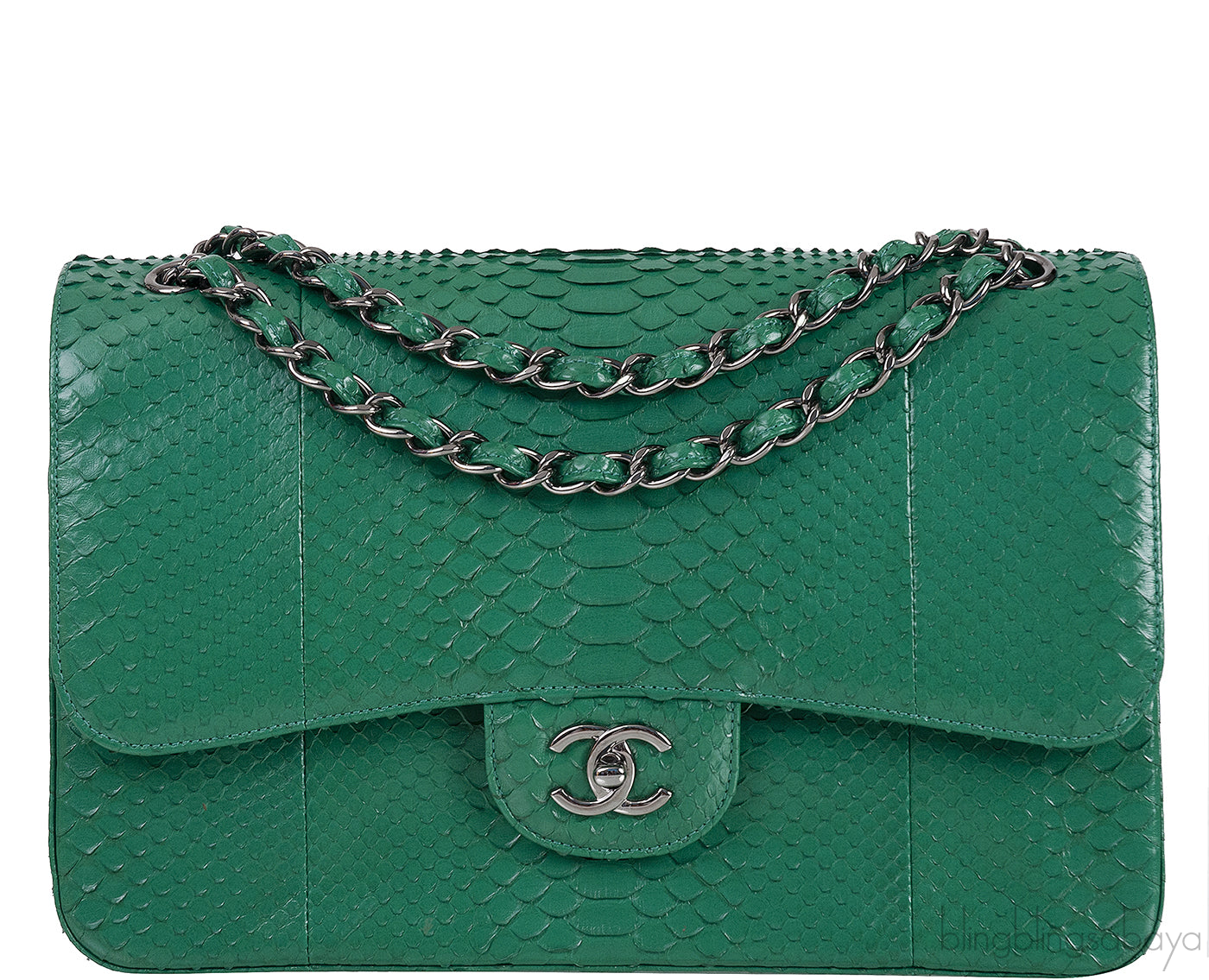 Chanel Classic Jumbo CC Emerald Green Python Flap Bag