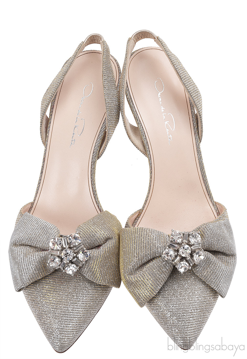 Oscar dela Renta Silver Gold Bow Slingback Heels