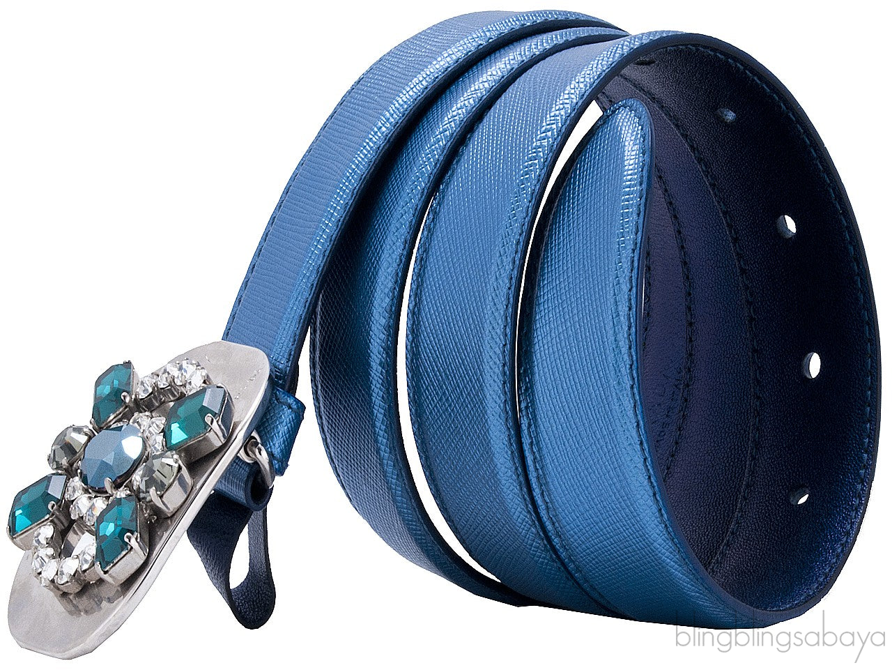 Blue Saffiano Jeweled Buckle Belt*