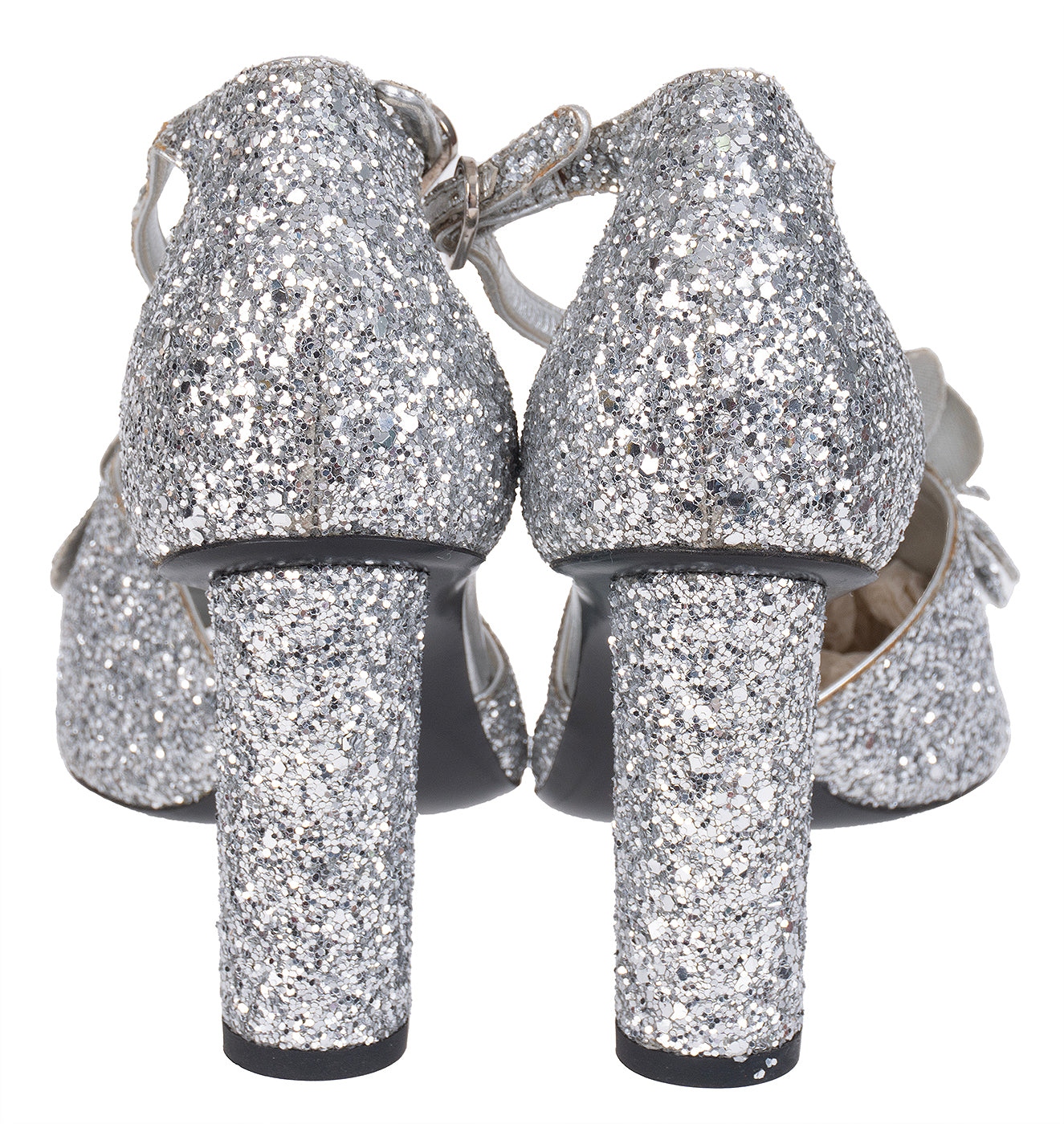 Chanel Silver Camellia Glitter Heels