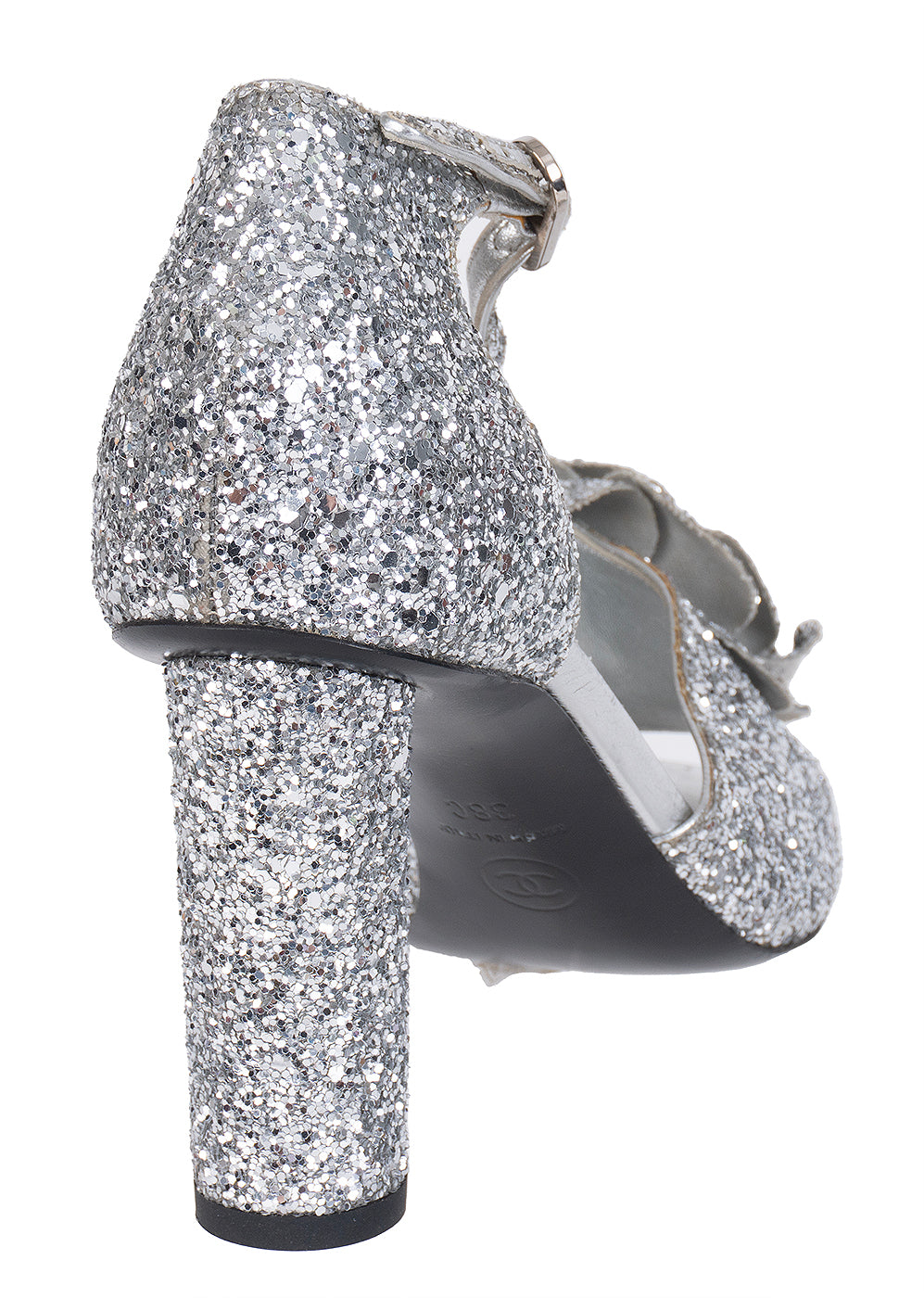 Chanel Silver Camellia Glitter Heels