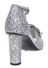 Chanel Silver Camellia Glitter Heels