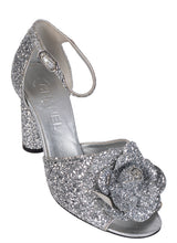 Chanel Silver Camellia Glitter Heels