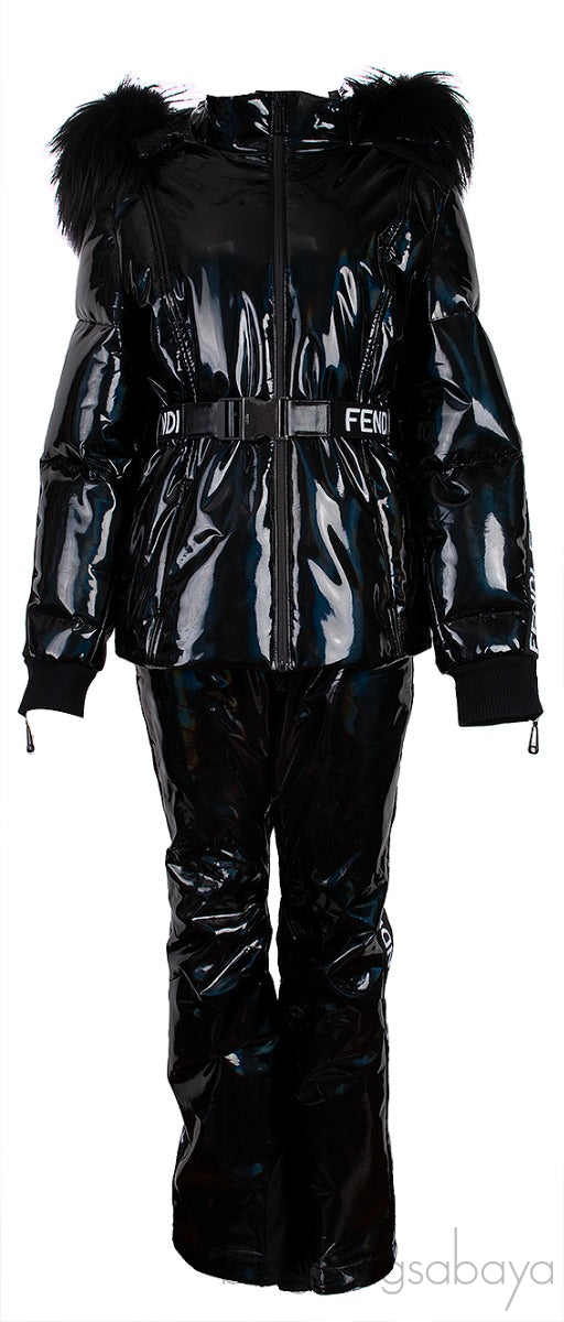 Black Holographic Fur-trimmed Down Ski Jacket & Trouser Set