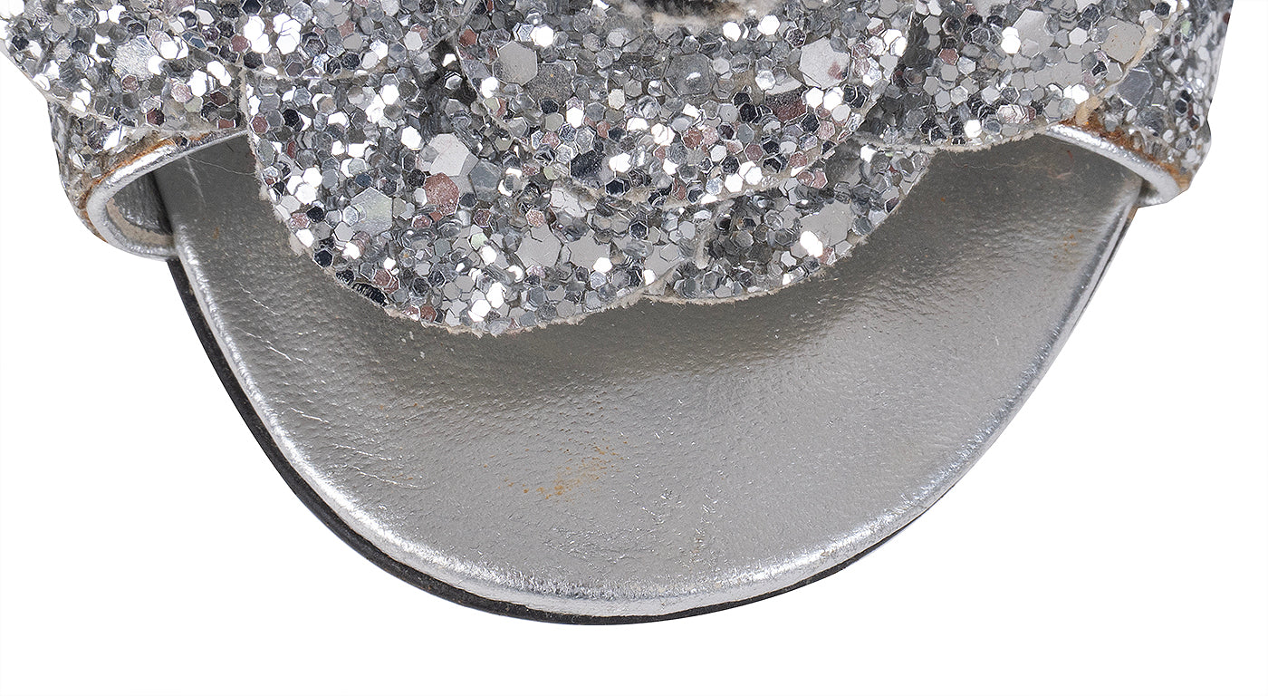 Chanel Silver Camellia Glitter Heels