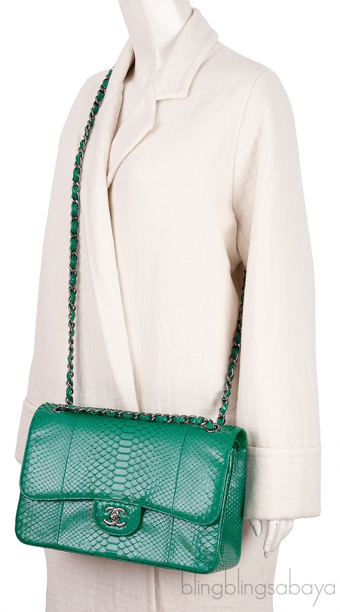 Chanel Classic Jumbo CC Emerald Green Python Flap Bag