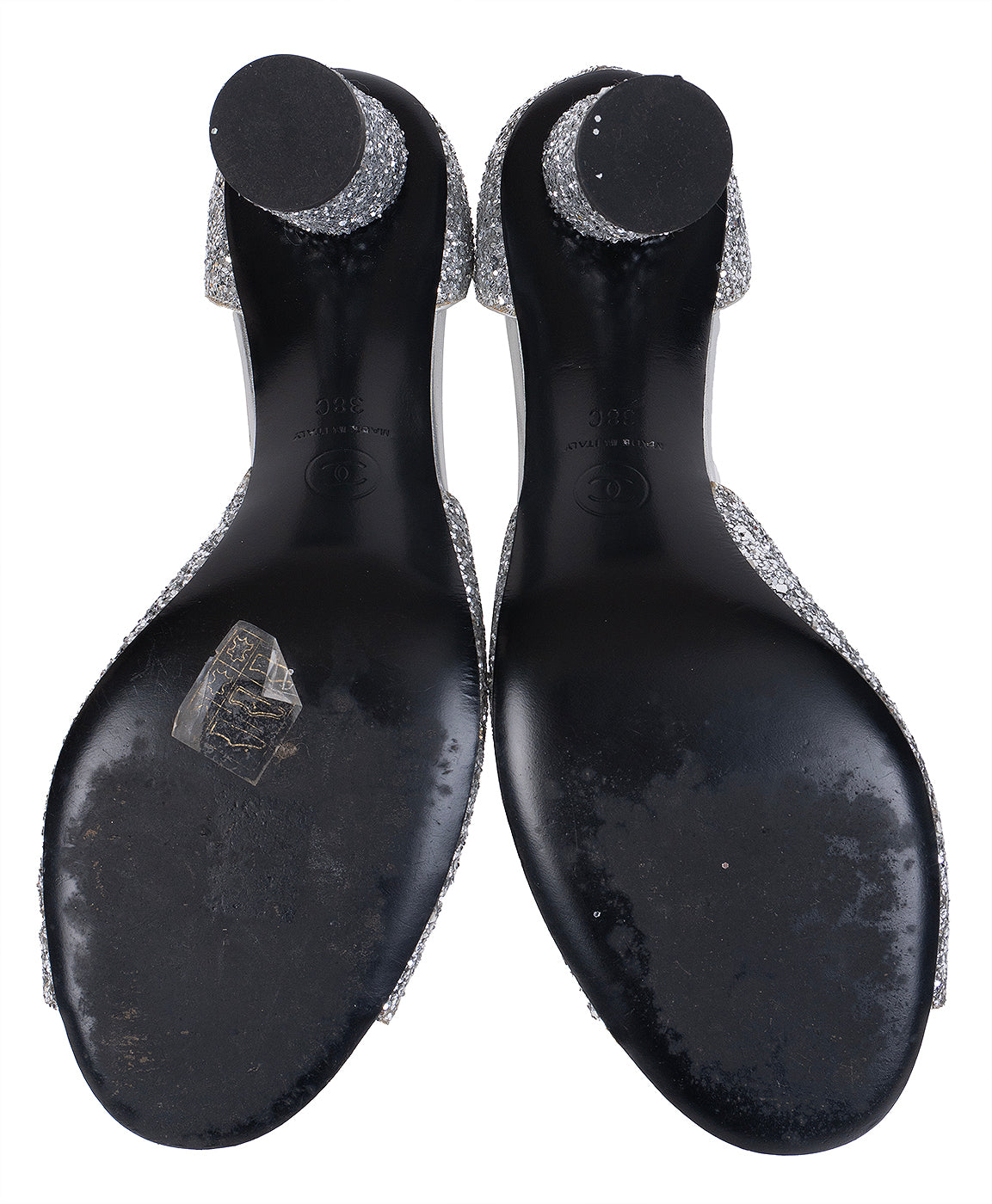 Chanel Silver Camellia Glitter Heels
