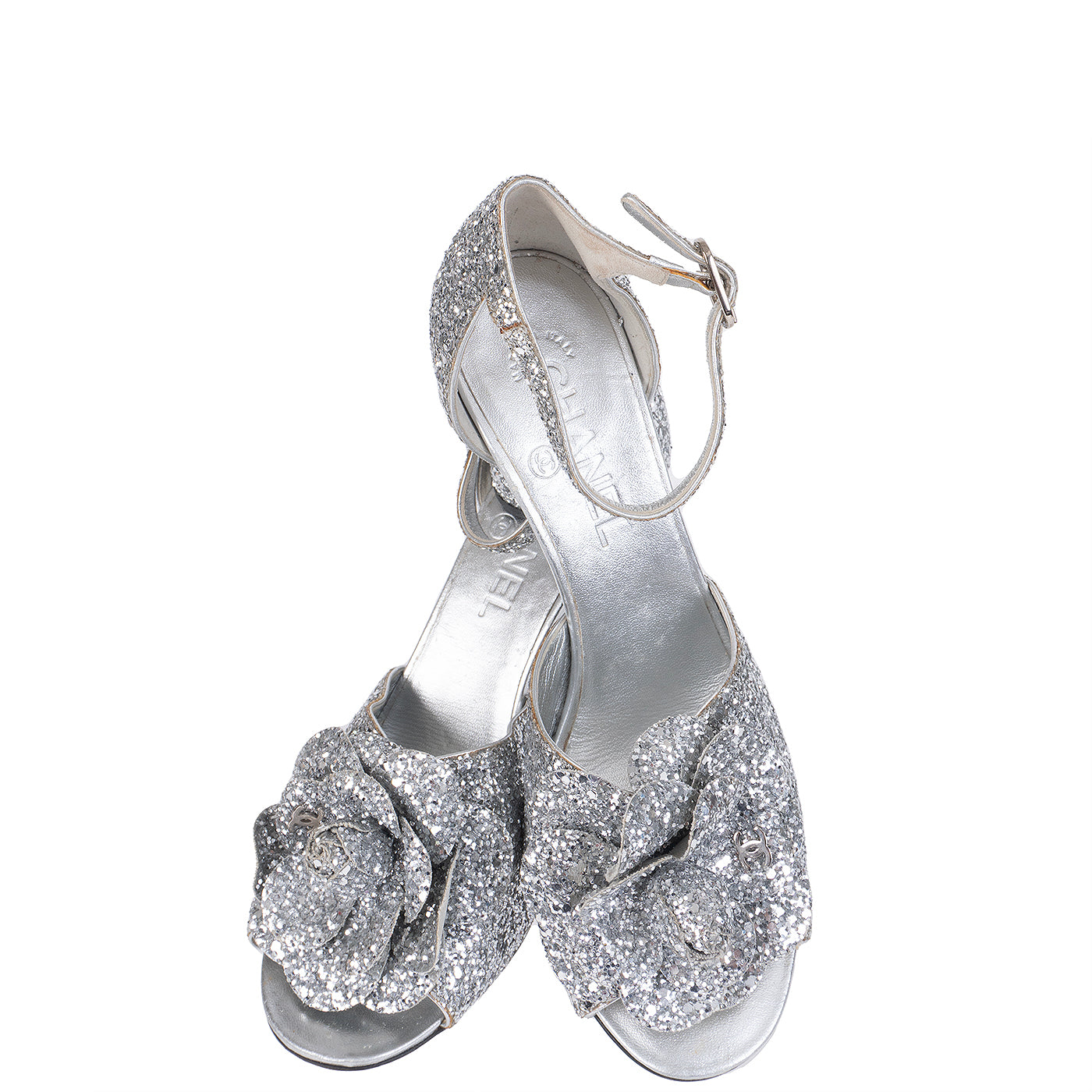 Chanel Silver Camellia Glitter Heels