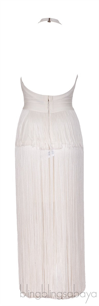 White Halter Neck Fringed Dress