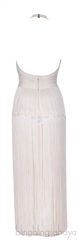 White Halter Neck Fringed Dress