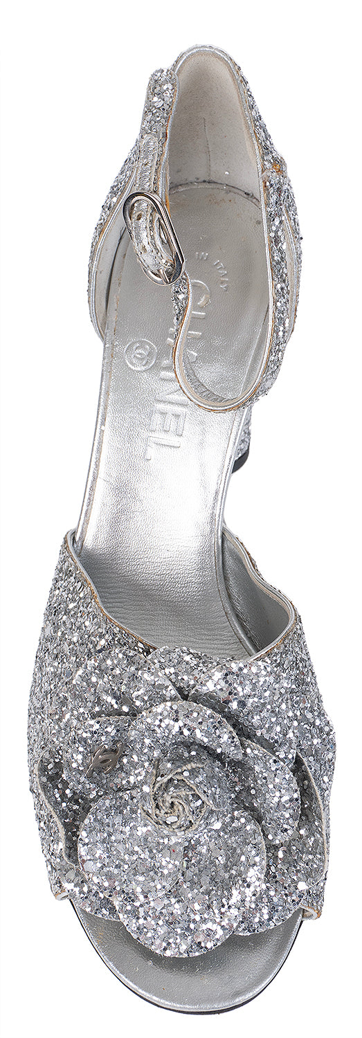 Chanel Silver Camellia Glitter Heels