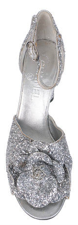 Chanel Silver Camellia Glitter Heels