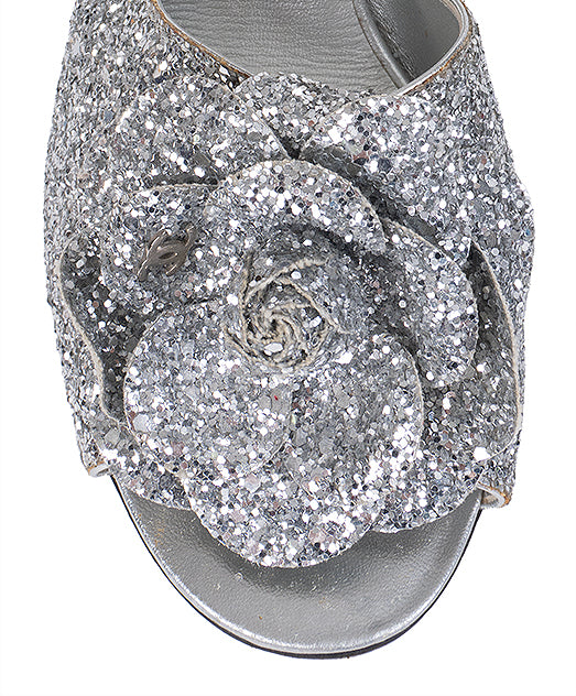 Chanel Silver Camellia Glitter Heels