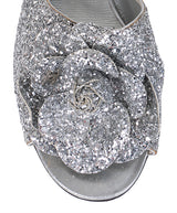 Chanel Silver Camellia Glitter Heels