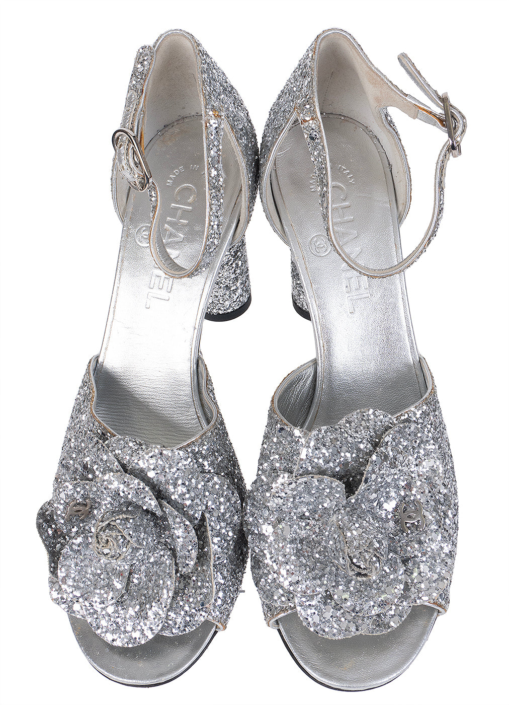 Chanel Silver Camellia Glitter Heels