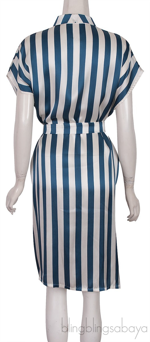 Blue & Off-white Stripe Belted Dress
