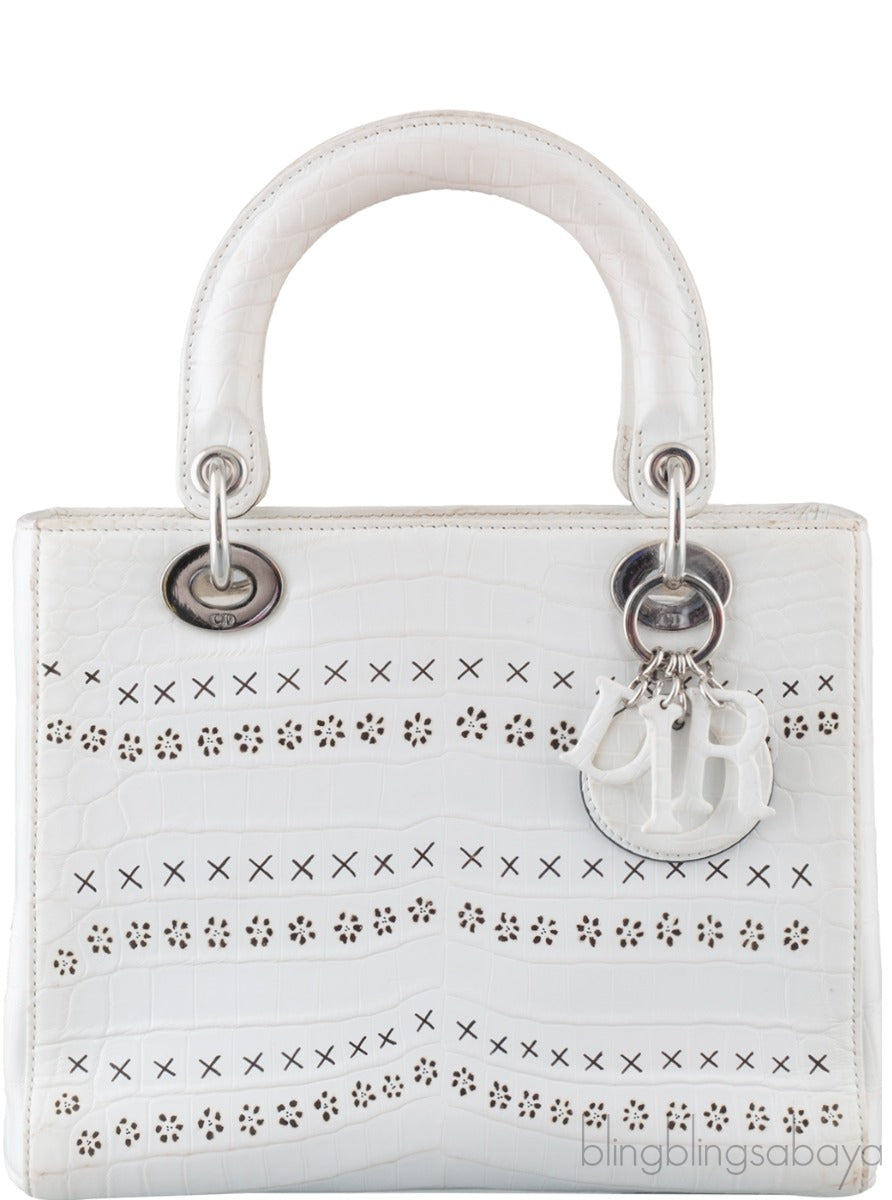 Christian Dior Lady Dior White Printed Crocodile Medium Bag